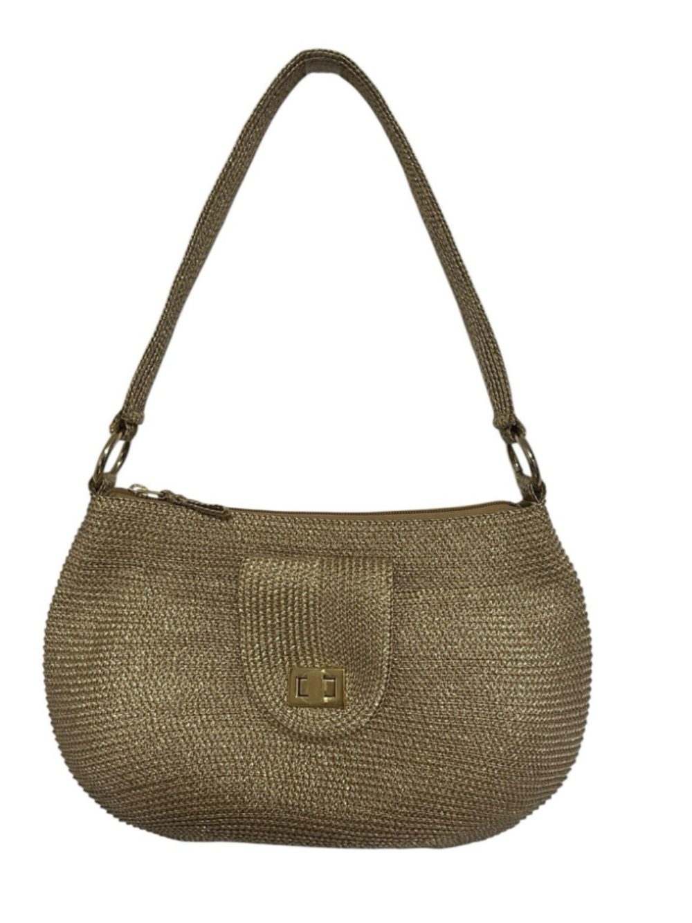 Talbots Small Shoulder Bag Gold Woven Straw Turn Lock Gold Hardware Boho